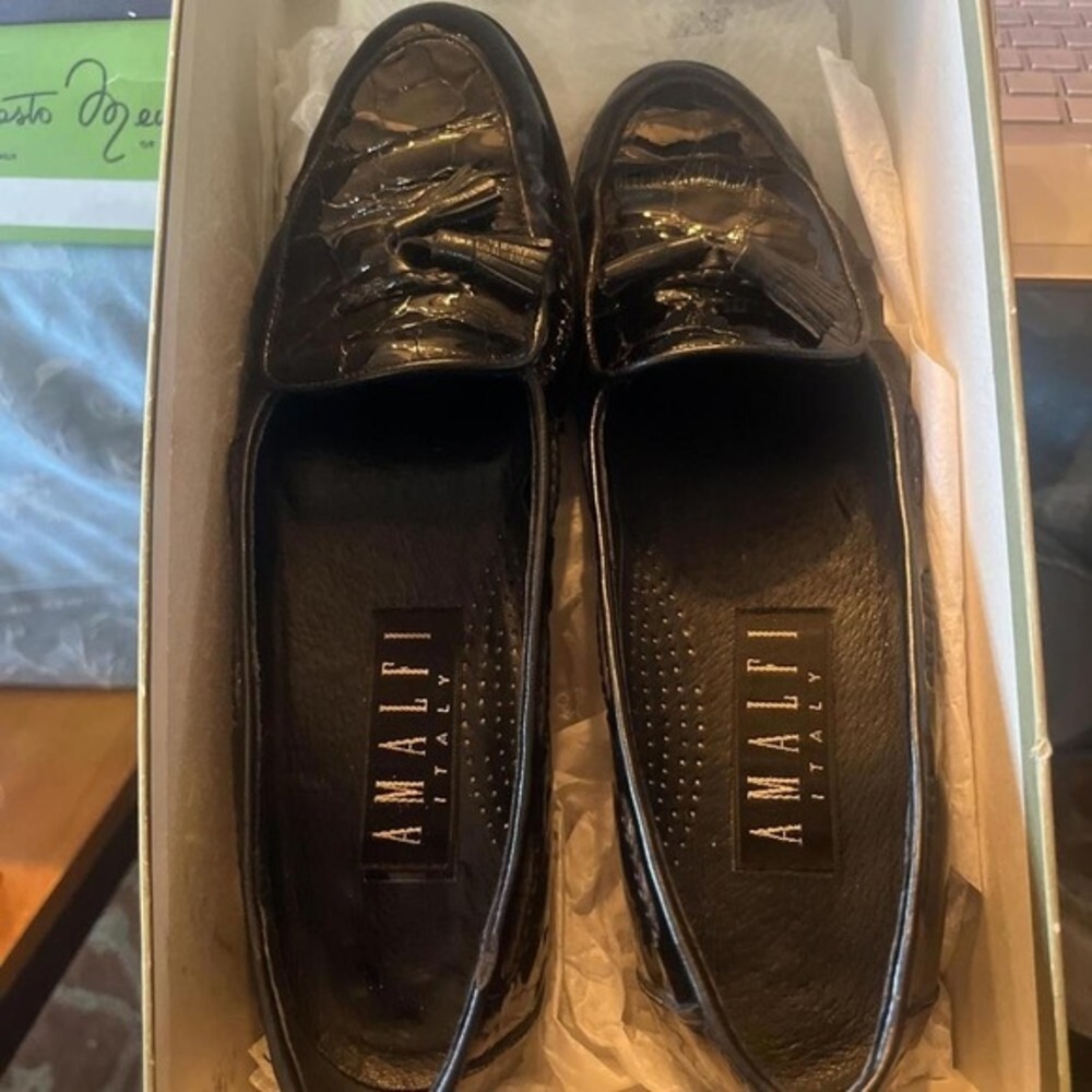 Vintage‎ Women's Amalfi Italy Size 8 Shoes Black Crocodile Loafers With Box